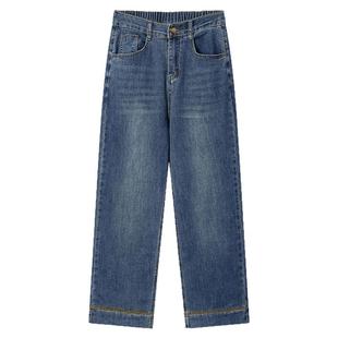 大码刺绣高弹力直筒牛仔裤女秋季新款中年妈妈装高档宽松休闲裤子