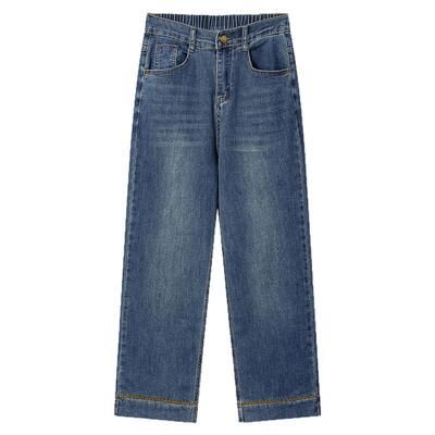 胖mm大码刺绣高弹力直筒牛仔裤女