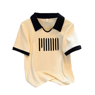 大码polo衫正肩短袖T恤女夏季微胖mm时尚百搭修身显瘦短款上衣服