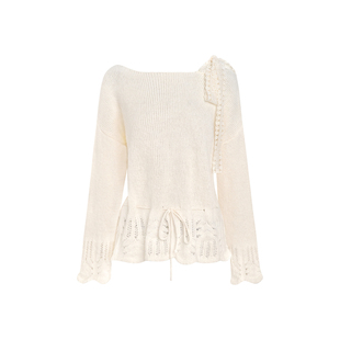 陈小纭同款 Kroche  羊毛混纺 蕾丝系带抽绳花边露肩套头毛衣