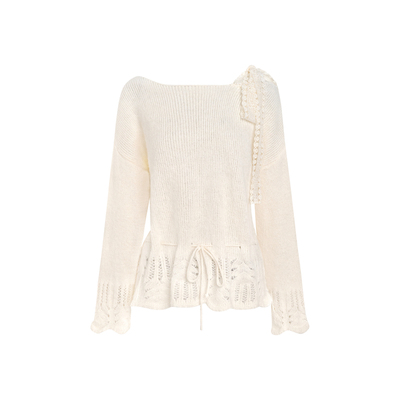 蕾丝系带抽绳花边露肩套头毛衣