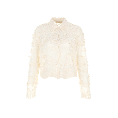 wanatry立体蕾丝波浪门襟短衬衫