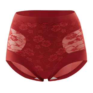 安娜蜜语【三条装】红色本命年大码蕾丝内裤女收腹提臀无痕三角裤