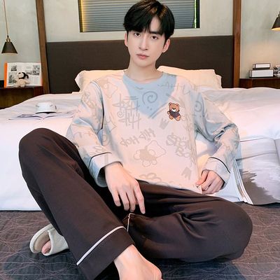 睡衣男士春秋款双面纯棉圆领长袖青少年全棉冬季可外穿全棉家居服