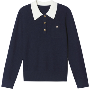 诗篇专选肌理感撞色POLO领藏蓝色复古学院风毛针织衫上衣