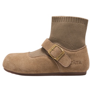 TATA他她童鞋真皮加绒弹力靴乐福袜靴女鞋薄底瘦瘦短靴冬儿童靴子