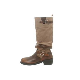 林向晚 巴恩少女~复古做旧西部靴秋冬新款不过膝长靴女拼色骑士靴