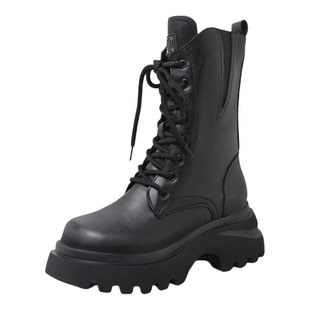 7cm增高厚底绑带马丁靴女2025新款秋冬加绒加厚中筒皮靴雪地棉靴