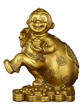 黄铜猴子摆件金猴招财生肖猴开运吉祥物背钱袋福猴家居客厅办公室