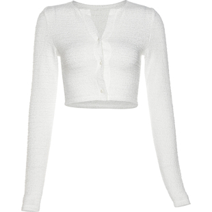 KLIOU 法式极简辣妹风白色长袖T恤女短款显瘦高腰单排扣上衣 百搭