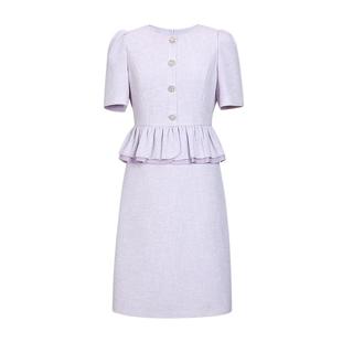 朗姿/MOJO莫佐法式优雅褶边郁金香连衣裙2024年新款精致温柔长