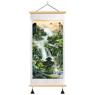 国画源远流长山水画客厅玄关装饰画风水招财卷轴画靠山图定制挂画