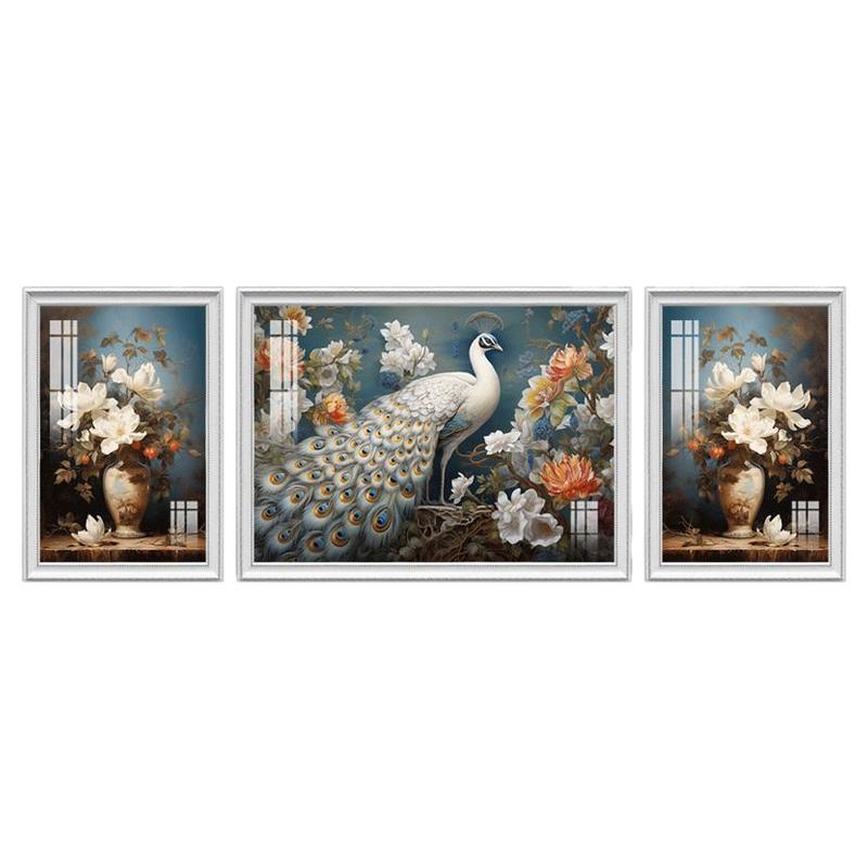 欧式客厅三联画新款壁画富贵孔雀