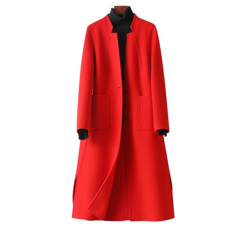 毛呢外套女士中长款一粒扣修身气质大红色2025秋冬新款双面呢大衣