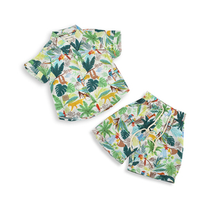 2025海边沙滩风花衬衫夏季亲子套装短裤夏威夷休闲男女童外套翻领