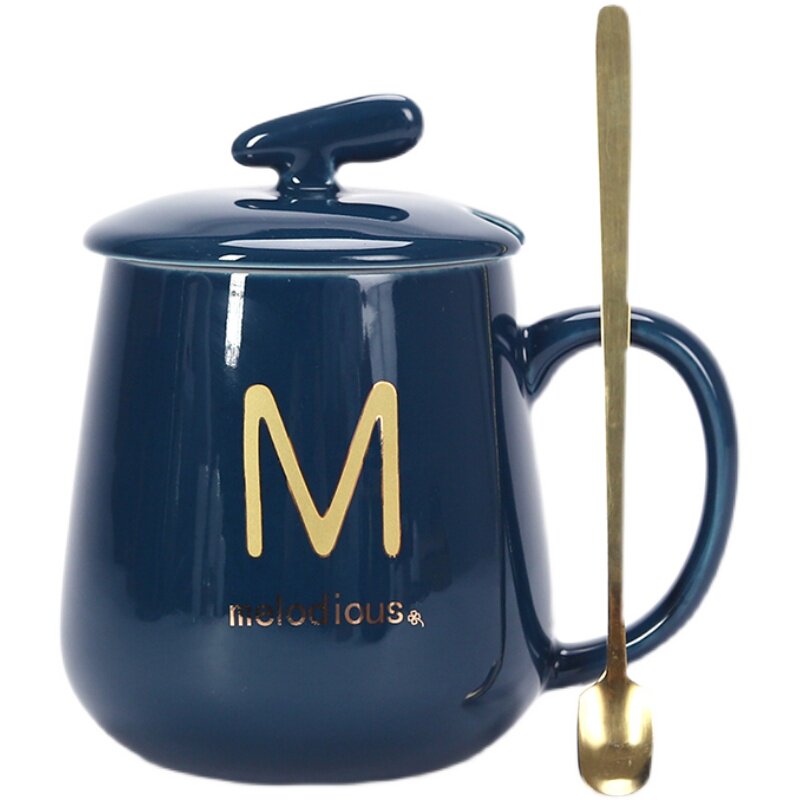 创意个性字母姓氏陶瓷杯子带盖勺家用马克茶水杯简约办公室咖啡杯