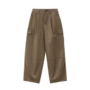 马登美式复古灰咖啡色多口袋宽松阔腿气球休闲弯刀工装裤子女士秋