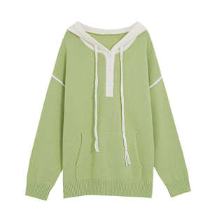 春款2026新款大码女装撞色拼接连帽上衣设计感胖mm慵懒高级感毛衣