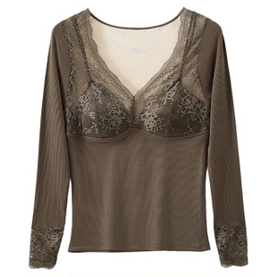 蕾丝V领保暖背心女士秋冬季带胸垫加绒加厚可外穿修身打底衫上衣