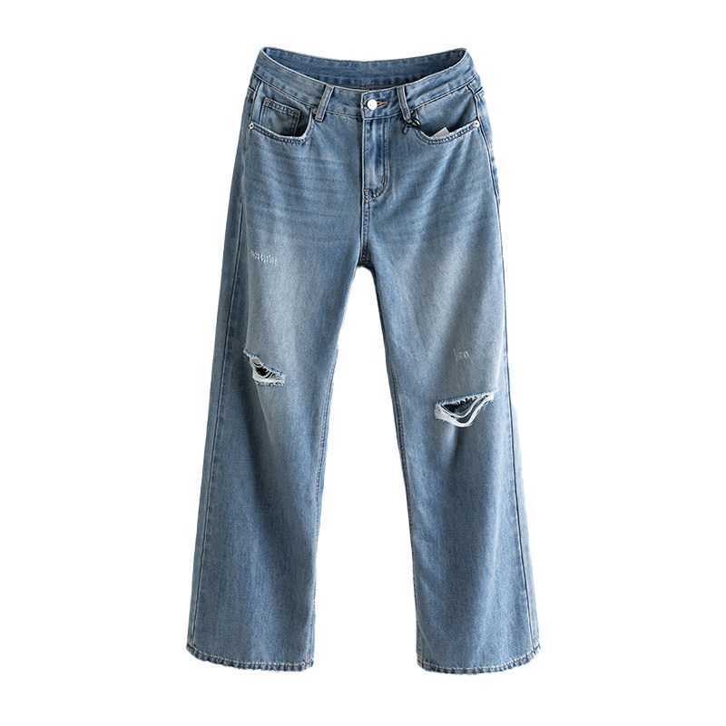 无弹宽松破洞直筒阔腿裤