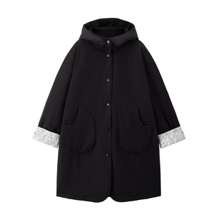 设计师款佐丹奴女装拼接印花袖里宽松中长款连帽棉衣外套18375820