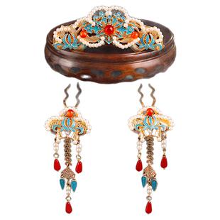 明制头饰套装景泰蓝步摇发簪烧蓝发冠女汉服发饰古风头饰珍珠配饰