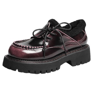 红蜻蜓加绒乐福鞋女冬季新款女鞋保暖棉鞋厚底增高毛绒小皮鞋女款