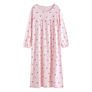 康妮雅新品纯棉长袖睡裙女春秋宽松休居服浅蓝色睡衣中长款睡衣裙