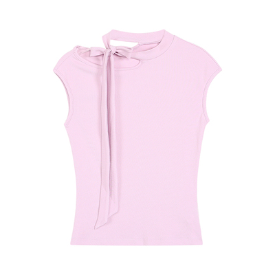 pusumede 温柔狙击!飘带镂空小飞袖t恤女设计感气质短袖坎肩上衣