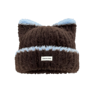 日系可爱猫耳朵毛绒针织毛线帽子女冬季保暖护耳百搭显脸小套头帽