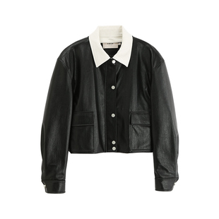 【商场同款】X--MOOM秋冬新款小个子撞色拼接PU皮短夹克外套女