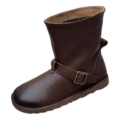 真皮皮带扣中筒靴女复古烟筒靴