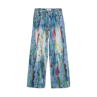 Desigual26春夏新品牛仔彩色油漆涂鸦设计宽松阔腿女式牛仔裤