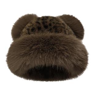 复古豹纹蒙古帽子女秋冬季可爱小熊耳朵毛绒帽加厚保暖护耳雷锋帽