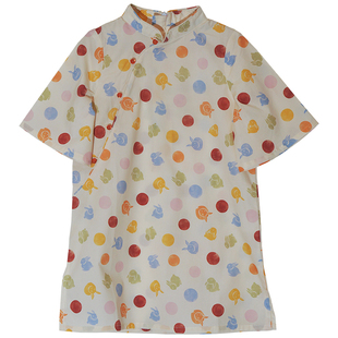 毛小姐 女童春秋旗袍中袖小礼服 圆点玉兔 国风连衣裙舒适改良