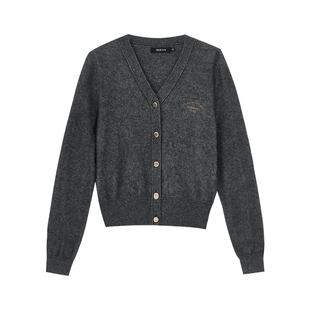 时尚V领羊毛针织开衫女MOFAN摩凡2025冬新款深灰绵羊毛混纺毛衣