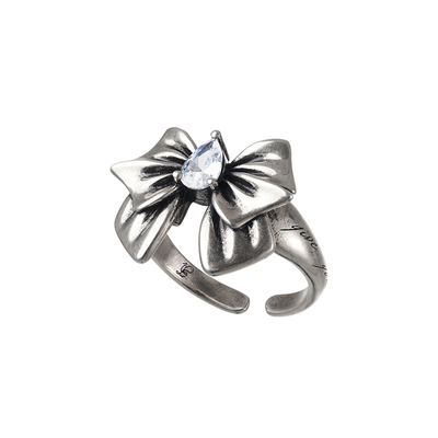 1P Jewelry 做旧效果蝴蝶结锆石镶嵌戒指开口戒