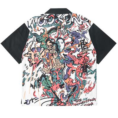 wookong悟空72变黑色潮印花衬衫