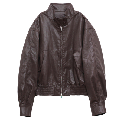 ohmyloli 复古栗棕色仿羊皮质感烟囱领双开拉链单里pu夹克