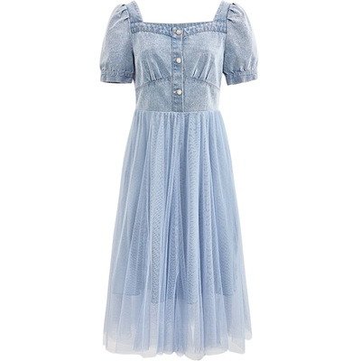 牛仔拼接网纱泡泡袖收腰连衣裙