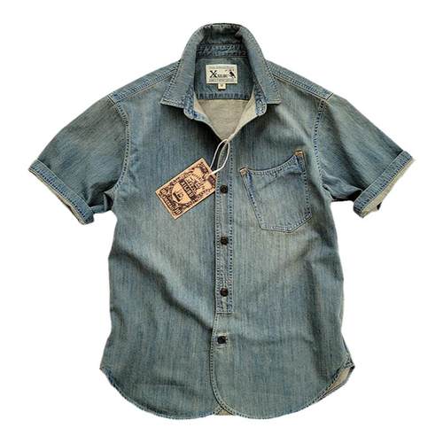 西里布夏季纯棉牛仔半袖衬衫阿美咔叽复古休闲新品非rrl kapital