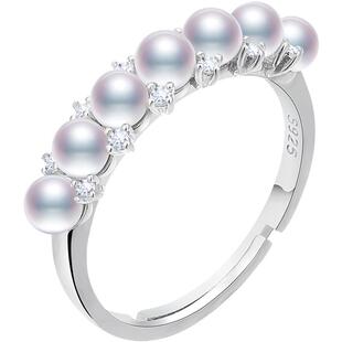 黛米珠宝 望舒 3-4mm正圆极光淡水珍珠戒指S925银多珠戒指可调节