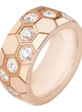 欧美时尚宽版六边形光面带钻蜂巢戒指V金材质轻奢高级感新款百搭