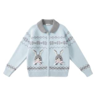 ECHOSTA现货水蓝色兔子费尔岛提花针织开衫毛衣可爱拉链秋冬