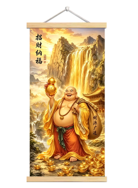 大肚弥勒佛布袋笑佛钱串子招财吉祥茶室书房装饰画挂画自粘贴纸画