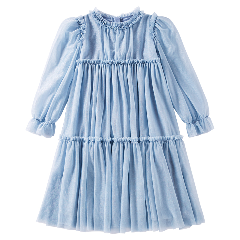 LYSUCS女童长袖连衣裙秋季蓝色网纱裙儿童公主裙蛋糕裙中大童礼服