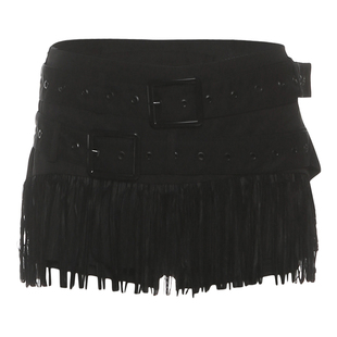 怪诞女孩 暗黑朋克双腰带流苏拼接半身裙女 时髦修身显瘦辣妹短裙