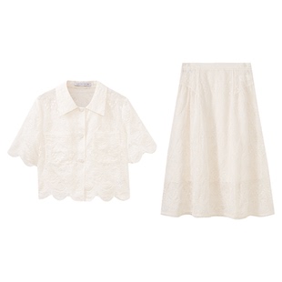 水云间白色波西米亚风短袖半身裙套装女天丝刺绣衬衫伞裙两件套秋