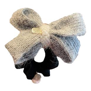 韩国甜美灰色毛线蝴蝶结肠圈女气质珍珠丸子头扎头绳新款皮筋发饰