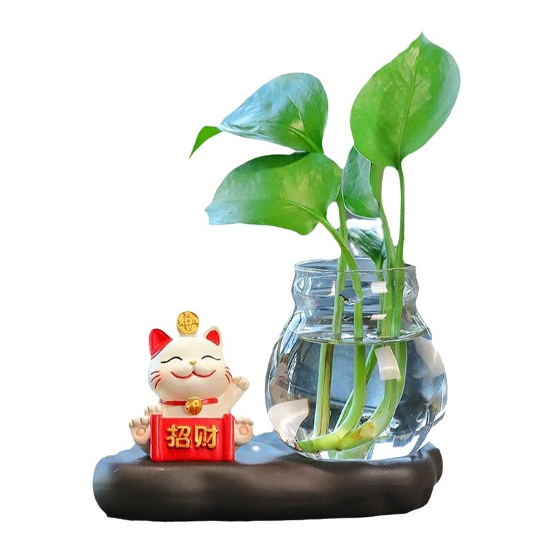 创意福气招财猫树脂水培装饰品办公室电脑桌氛围布置超迷你小花瓶
